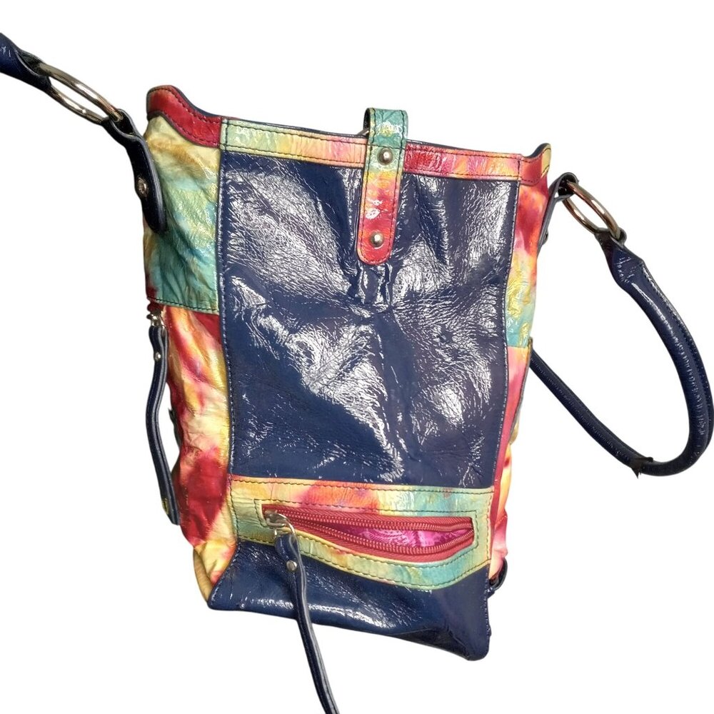 Omar Sharif Tote Bag Tie Dye Large Patent Leather Pockets Dual Handles Colorful - Picture 3 of 15